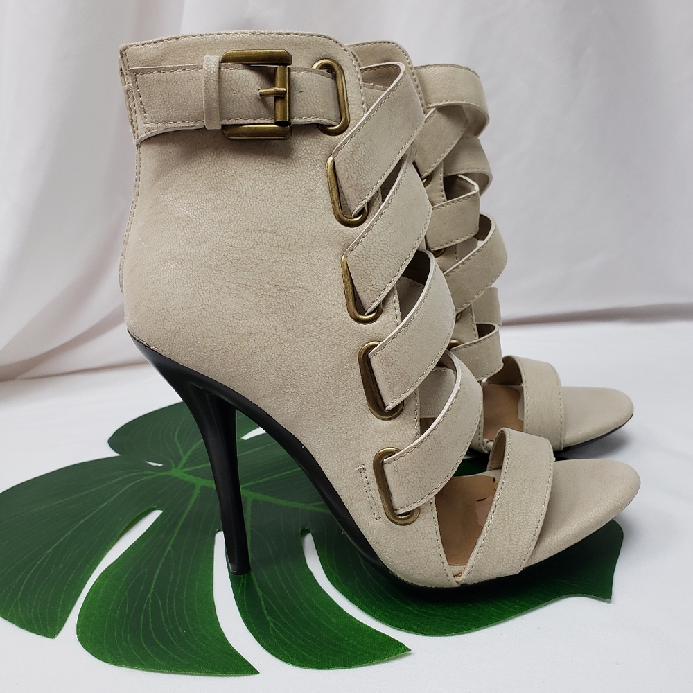 Lilliana Tan Stiletto Open Toe Strappy Booties